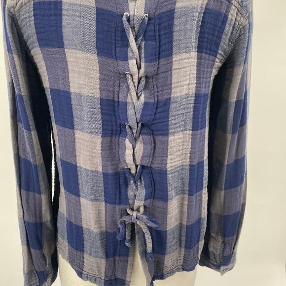 Anthropologie Cloth + Stone Gingham Plaid Top Lace Up Long Sleeve Navy Gray M - Picture 7 of 10